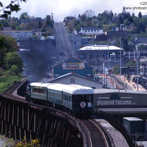 Mt Rainier Scenic Railroad's Hammond Lumber 2-8-2T 17 crossing the ex-Milwaukee Road trestle in Tacoma, WA