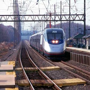 The first Acela heads east.