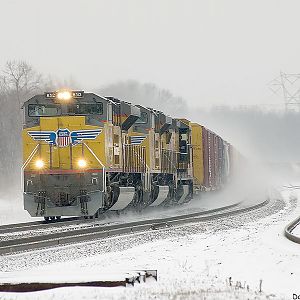 A westbound CSX freight with UP'S in charge