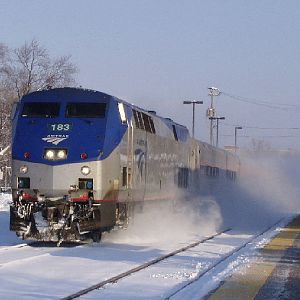 Amtrak P42 #183 kicks up some snow