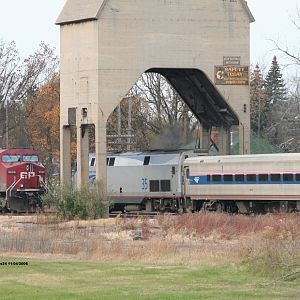 Amtrak P371 and CP #9666 meet at the coaling tower in New Bufffalo