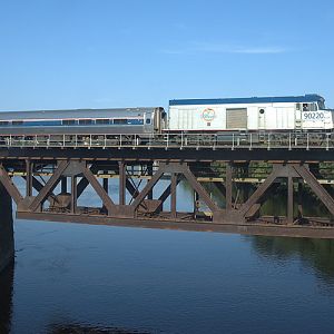 Amtrak Downeaster crossing Merrimack River into Bradford about 4:25, runnin