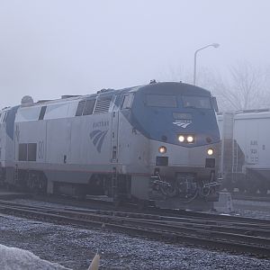 Amtrak Capital Limited slows in the fog in Elkhart, IN