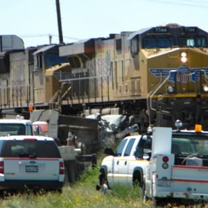 Union Pacific train hits a truck stuck on the tracks