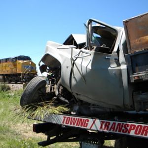 Union Pacific train hits a truck stuck on the tracks