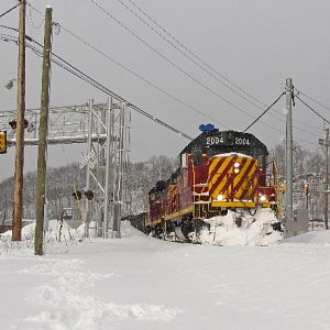 Allegheny Valley #2004 cuts through the snow in Glenshaw, PA