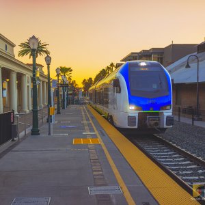 Sunset Arrival at Redlands Santa Fe Depot - Metrolink Train