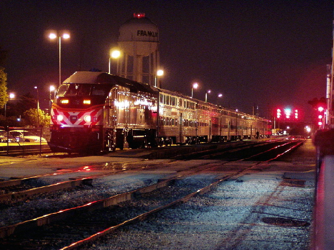 A late night Metra heads towards Chicago