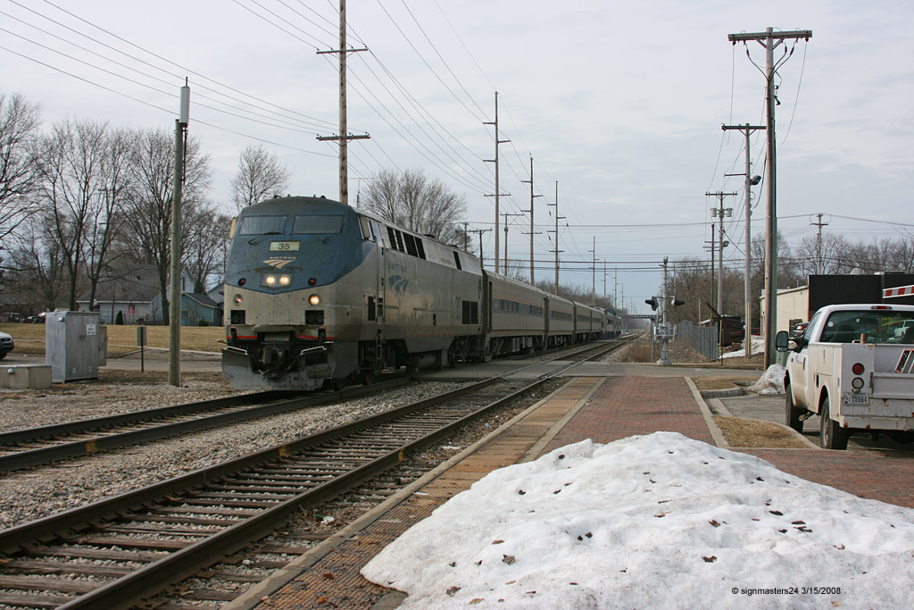 Amtrak 350 pulls into Dowagiac, MI what's on the end