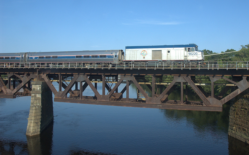 Amtrak Downeaster crossing Merrimack River into Bradford about 4:25, runnin