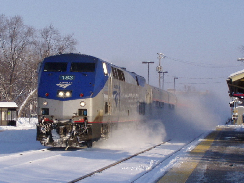 Amtrak P42 #183 kicks up some snow