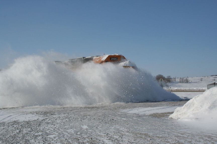 BNSF 2131 Hits a snowdrift at Neola, Iowa