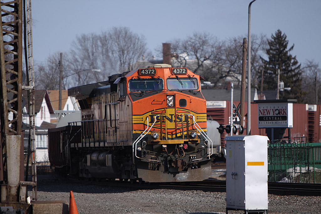 BNSF 4372 heads into Elkhart by the depot.