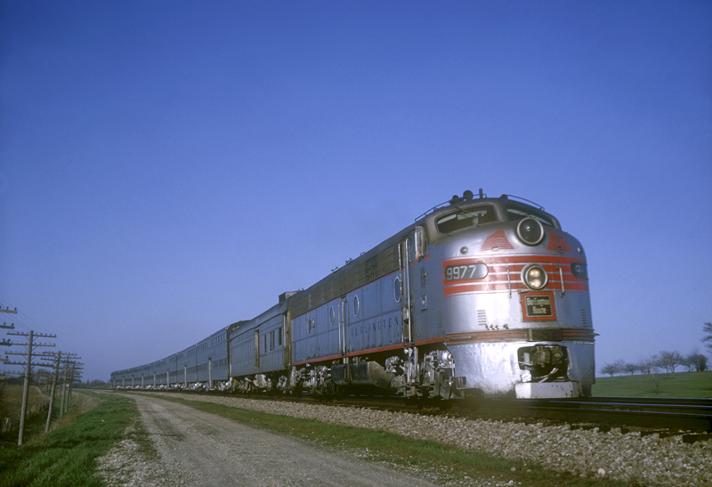 CB&Q E8 9977, Naperville, IL, April 28, 1965, photo by Chuck Zeiler