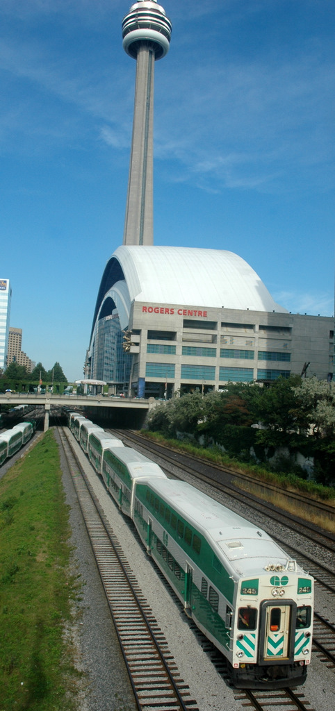 GO Train with CN Tower in background