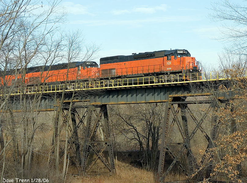Southbound B&LE #908,901 & 906 on the Osgood Trestle