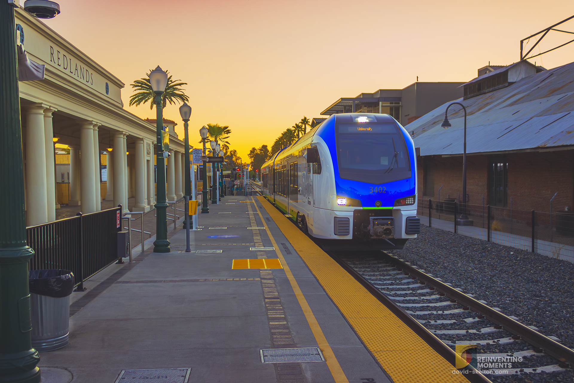 Sunset Arrival at Redlands Santa Fe Depot - Metrolink Train