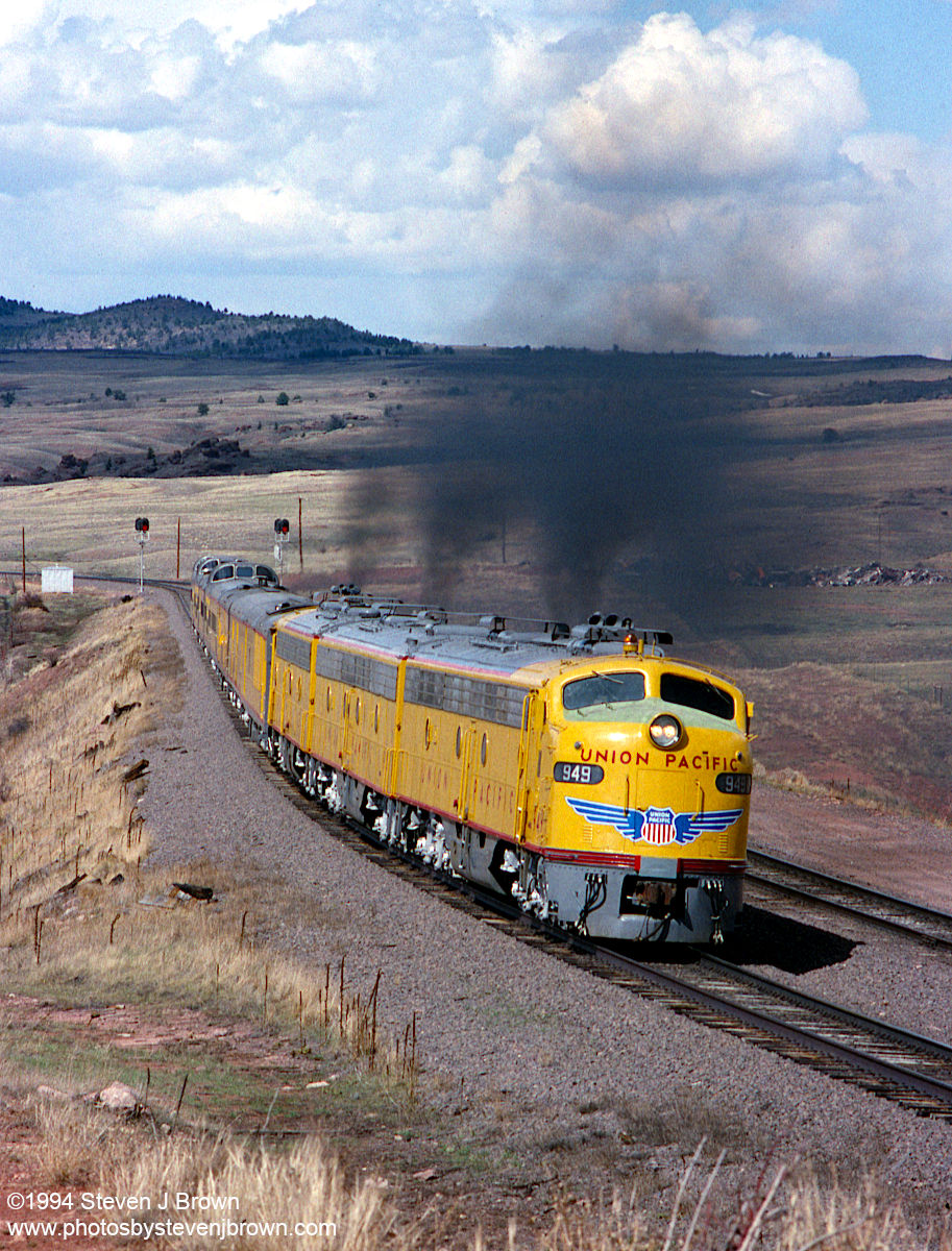 Union Pacific E9's on Sherman Hill near Tie Siding, Wyoming - April 23, 1994.