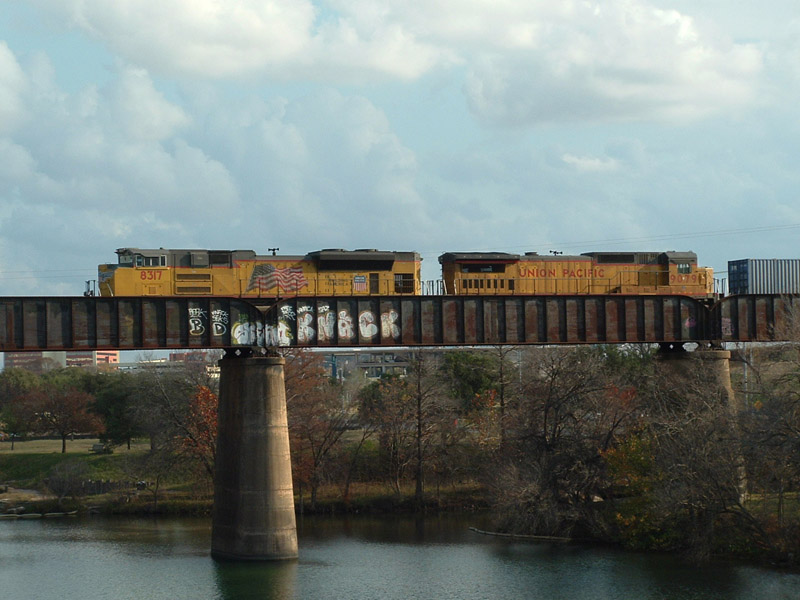 UP freight on Town Lake bridge Austin, TX