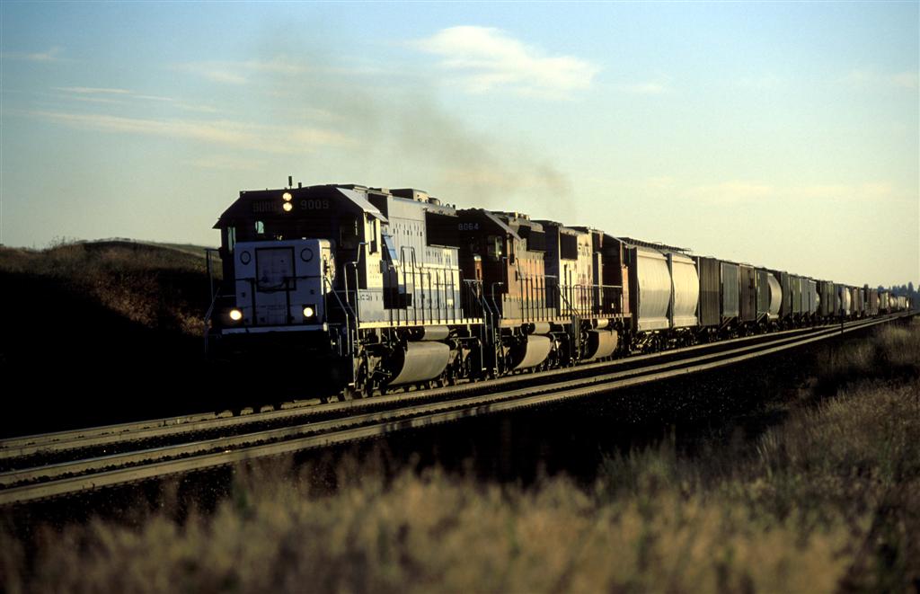 A EMD SD60 leads a west bound manifest through Fishtrap, WA
