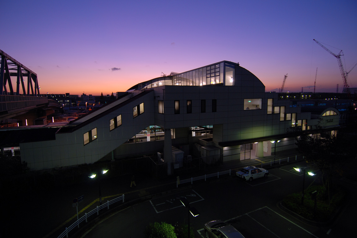 A station at twilight.