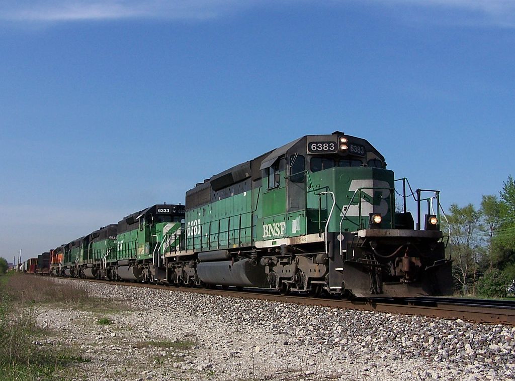 BN SD40-2 6383 with three more BN SD40-2's, and a BNSF SD40-2