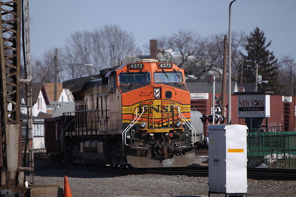 BNSF 4372 heads into Elkhart by the depot.