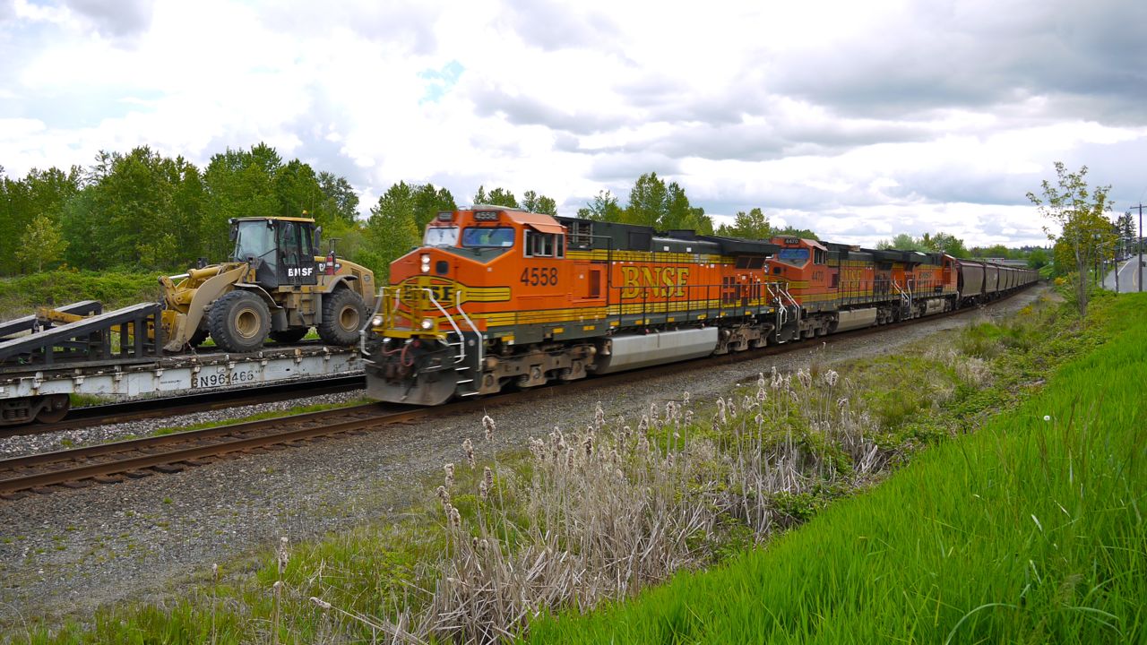 BNSF 4558 leads the 109 car grain train.