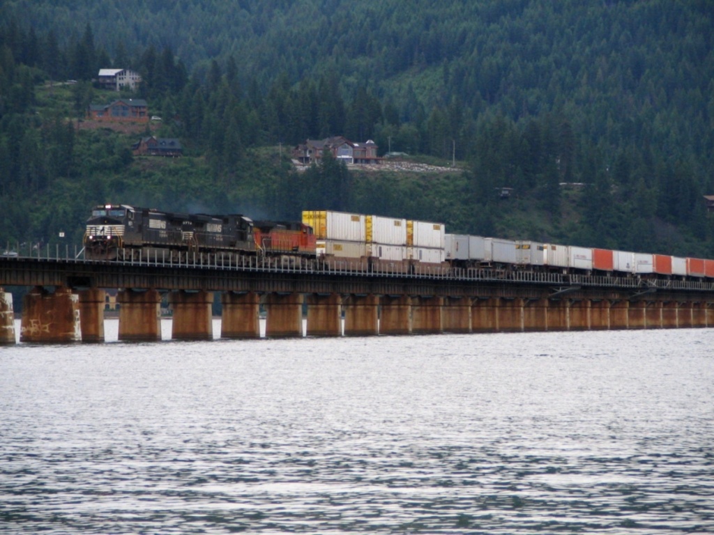Eastbound Stack train crossing bridge at Sandpoint