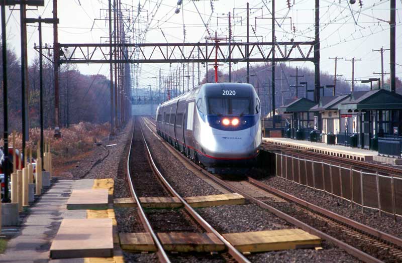 The first Acela heads east.