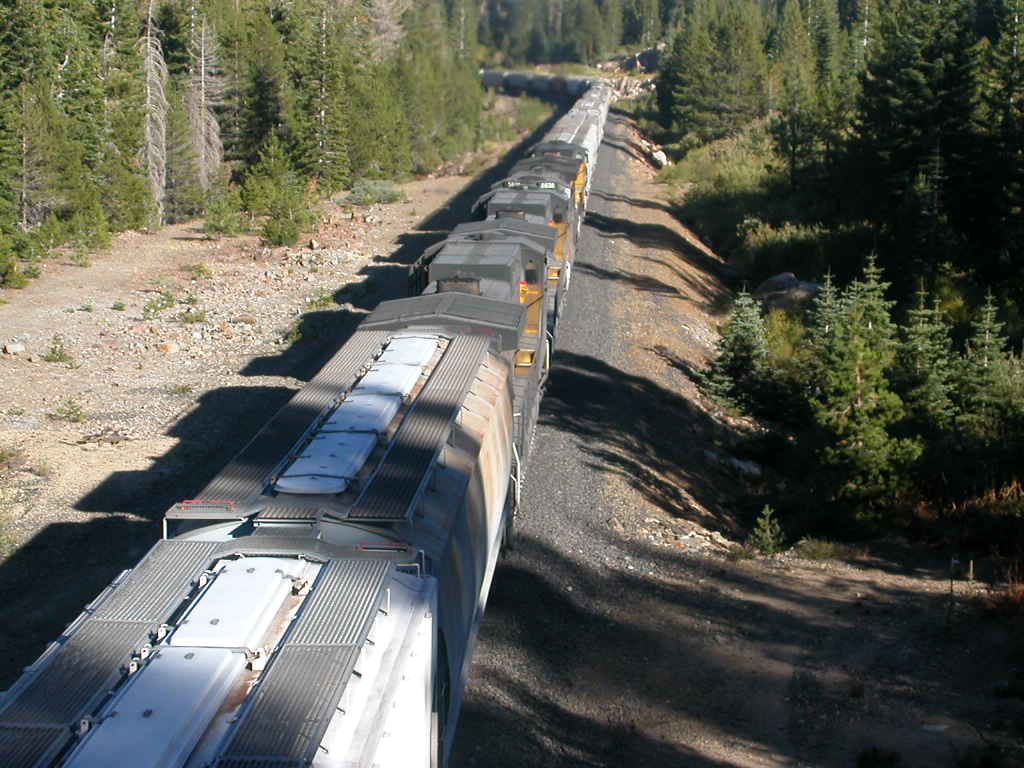 three UP pushers near the end of a westbound grain train