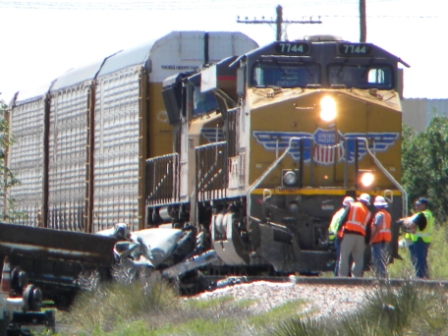 Union Pacific train hits a truck stuck on the tracks