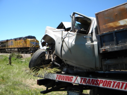 Union Pacific train hits a truck stuck on the tracks