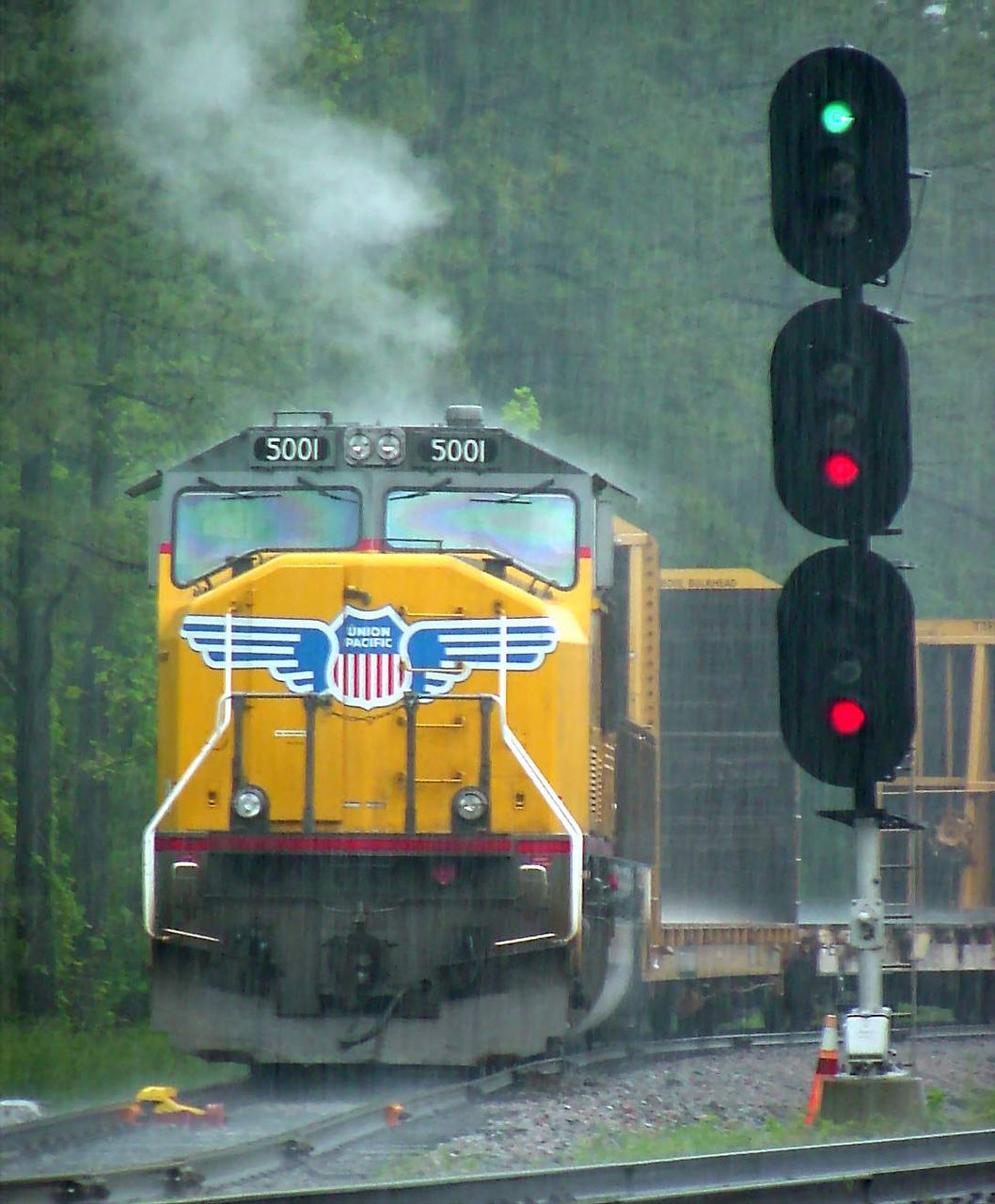 UP idling in the rain